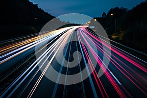 Highway with long exposure lights at night, cars driving fast on the highway in motion blur.