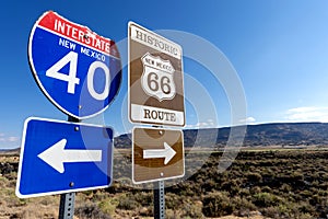 Highway markers on historic highway 66 and interstate 40 in the American southwest