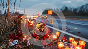 Highway Memorial with Blooming Flowers, Flickering Candles, Representing Lives Lost in Car Accidents