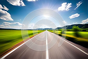 Highway motion speed motion blur background, summer green field scenery with sunshine