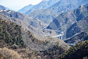 Highway between the mountains near the Great Wall of China in th