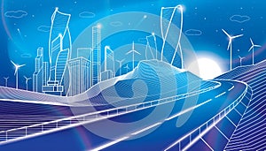 Highway in mountains. Tower and skyscrapers, neon glow city, business modern buildings. Night scene. White lines on blue backgroun