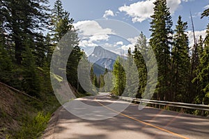 Highway in mountains Trans Canada Highway with a perfect asphalt at sunrise in summer. Banff, Alberta, Canada