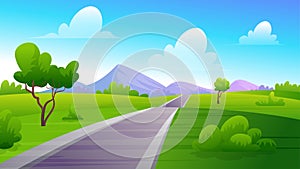 Highway with nature landscape with mountains green field, trees under blue sky