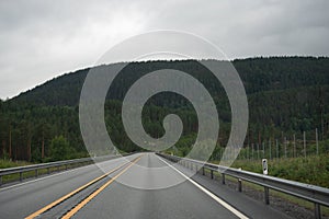 Highway in the Norwegian mountains. Green coniferous trees on the hills