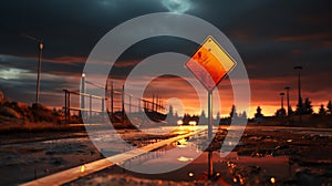 A highway outside the city with an empty sign in a puddle. Night Scene