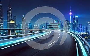 Highway overpass motion blur with city background photo