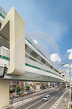 Highway on Pillars on Highway 306 from Manda Bridge in Kita Borough north of Tokyo under blue summer sky