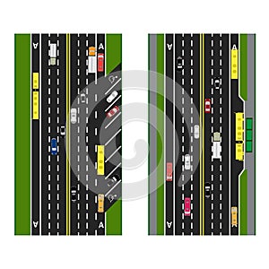 Highway Planning. roads, streets with parking and public transport. Images of various cars, lanes for public transport