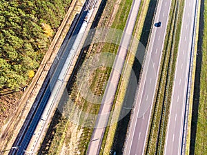 Highway and railroad tracks viewed from above