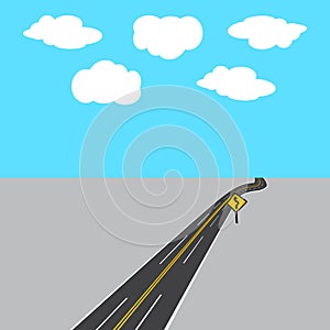 Highway receding into the distance with white and yellow markings, road sign. illustration