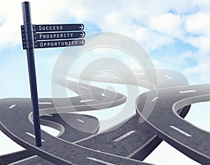 Highway, road and business decision or future opportunity with crosswalk or career, choice or sign. Street, direction