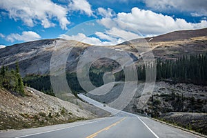 Highway road in the Icefields Parkway in Jasper and Banff National Parks in Alberta Canada, in the Canadian Rockies