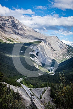 Highway road in the Icefields Parkway in Jasper and Banff National Parks in Alberta Canada, in the Canadian Rockies. Big Hill and