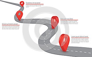 Highway road infographic. Highway road with GPS sign on it. Vector Infographic with a tortuous road. Gps navigate blank