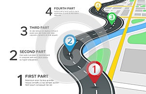 Highway road infographic. Street roads map, gps navigation way path and town journey pin directions sign 3d vector