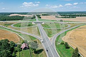 Highway road intersection in countryside. aerial view