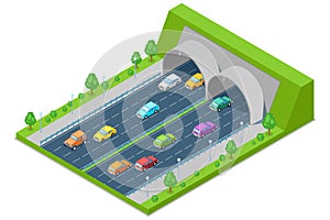 Highway road passes through tunnel in mountain, vector isometric 3D illustration. Transport, road construction concept