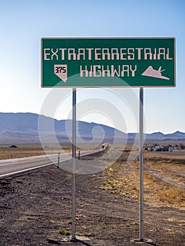 Highway 375, The Extraterrestrial Highway, in Southern Nevada near Rachel in Area 51, road sign. photo