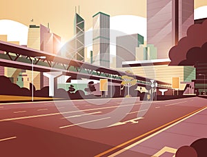 Highway road to city skyline with modern skyscrapers and subway cityscape sunset background flat horizontal