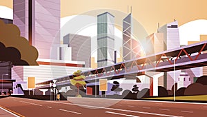 Highway road to city skyline with modern skyscrapers and subway cityscape sunset background flat horizontal