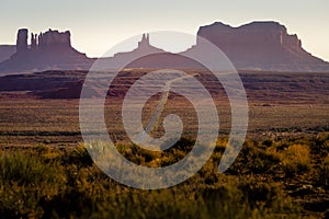 Highway Road U.S. Highway 163 and Monument Valley at sunset, Arizona, USA