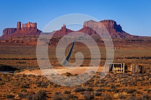 Highway Road U.S. Highway 163 and Monument Valley at sunset, Arizona, USA