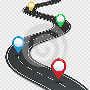 Highway roadmap with pins. Car road direction, gps route pin road trip navigation and roads business infographic vector