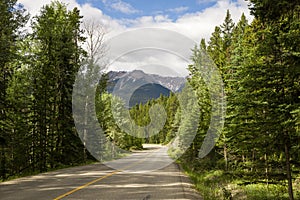 Highway in Rocky mountains, Trans Canada Highway with a perfect asphalt at sunrise in summer. Banff, Alberta, Canada