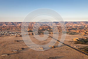 Highway in the Saudi Arabian desert, seen from a hot air balloon