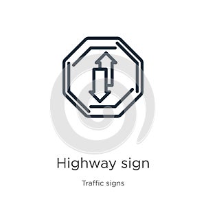 Highway sign icon. Thin linear highway sign outline icon isolated on white background from traffic signs collection. Line vector