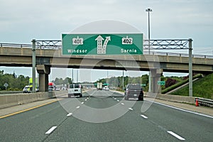 Highway Sign Indicating The Split Between Highways 401 and 402