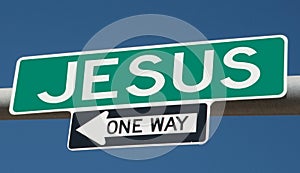 Highway sign for JESUS and ONE WAY