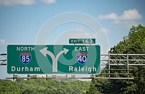 Highway Sign for Raleigh or Durham, NC, USA