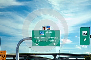 highway signage in green at interstate direction George Bush turnpike in Dallas, Texas, USA