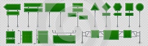 Highway signs. Green pointers on the road, traffic control signs and road direction signboards. Vector information signs photo