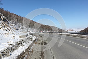 Highway among snow mountain , Belokurikha, Altai, Russia