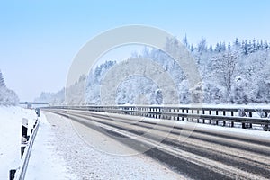 Highway during a snowfall in winter, Bavaria, Germany