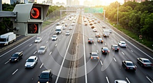 Highway Speed Camera Monitoring Traffic Flow Speed camera on highway capturing speeding vehicles ensuring road safety traffic photo