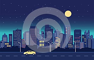 Highway Street in City at Night with Cityscape Building Landscape Flat Design Illustration