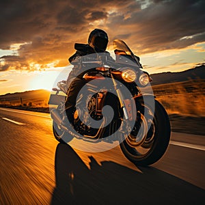 Highway sunrise cruise Speeding motorcyclist presents open copy space, symbolizing dawn expedition