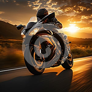 Highway sunrise cruise Speeding motorcyclist presents open copy space, symbolizing dawn expedition