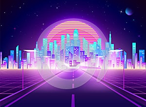Highway to Cyberpunk futuristic town. Neon retro city landscape. Sci-fi background abstract digital architecture. Vector