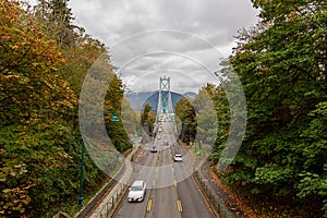 Highway to Lion gate bridge national Historic site of canada pass Stanley park in Autumn at Vancouver, Canada