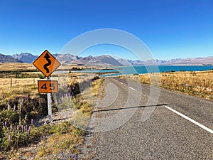 Highway to Mount Cook, winding past Lake Pukaki amidst New Zealand