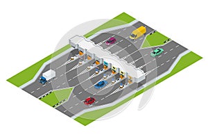 Highway toll. Turnpike tollson. Road payment checkpoint with toll barriers on the highway, cars and trucks. Flat 3d