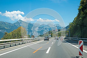 Highway with tourist traffic and roadworks, austrian landscape