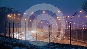 Highway traffic in the evening, lights are on, autobahn, traffic