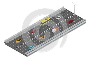 Highway traffic. Highway transportation with cars and Truck. Flat 3d vector isometric illustration.