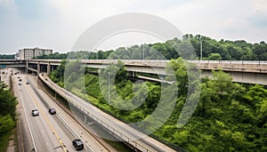 Highway traffic speeds over man made bridge, urban skyline in view generated by AI